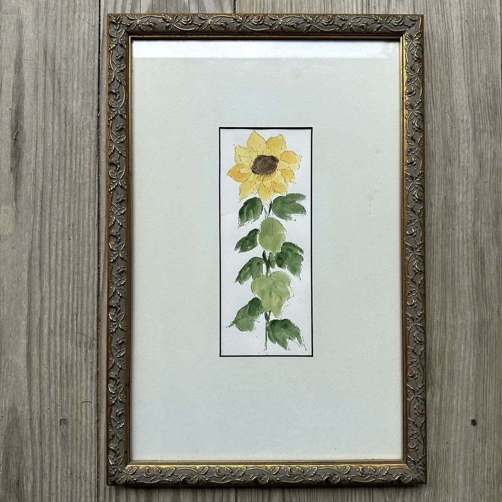 Vintage Original Watercolor Sunflower Painting Ornate Gold Wood Frame Matted Art